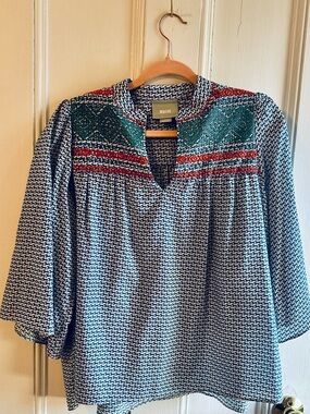 Maeve Blue Patterned Blouse with Green and Red Embroidery Size Large